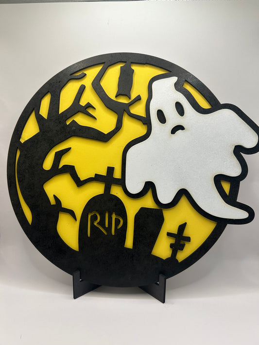 Ghost in a Graveyard, Halloween Sign / Door Hanger